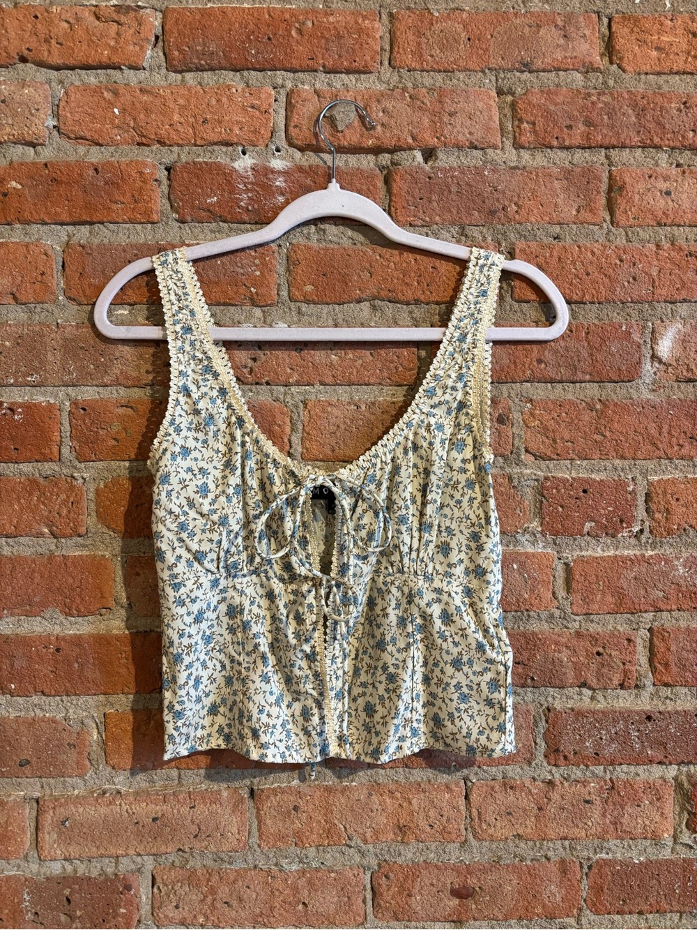 Motel Rocks Cream Crop Top with Blue Floral Print and Tie Front